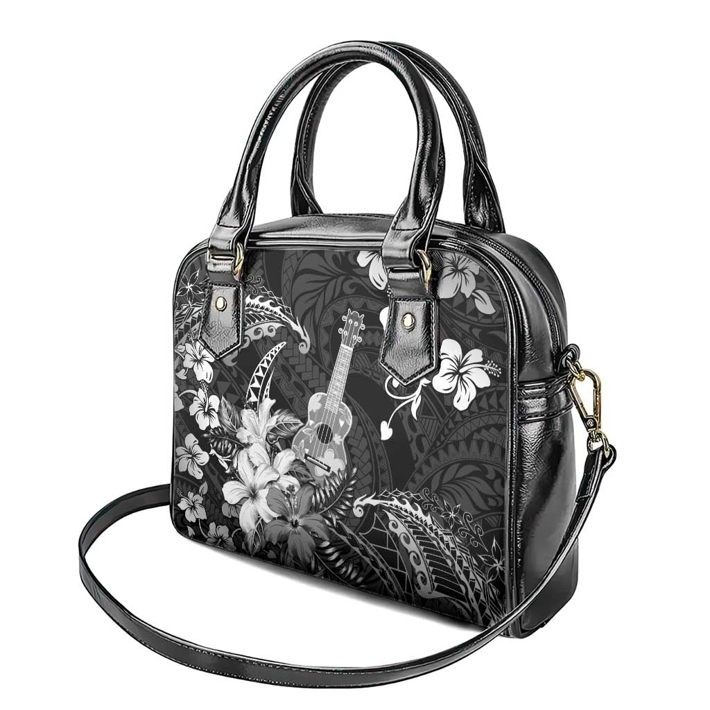 Hawaii Ukulele Shoulder Handbag Polynesian Pattern Mix Hibiscus Black Version