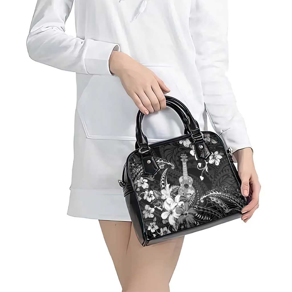 Hawaii Ukulele Shoulder Handbag Polynesian Pattern Mix Hibiscus Black Version