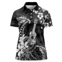 Hawaii Ukulele Women Polo Shirt Polynesian Pattern Mix Hibiscus Black Version LT05 Female Black - Polynesian Pride