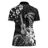 Hawaii Ukulele Women Polo Shirt Polynesian Pattern Mix Hibiscus Black Version LT05 - Polynesian Pride