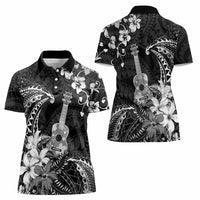 Hawaii Ukulele Women Polo Shirt Polynesian Pattern Mix Hibiscus Black Version LT05 - Polynesian Pride