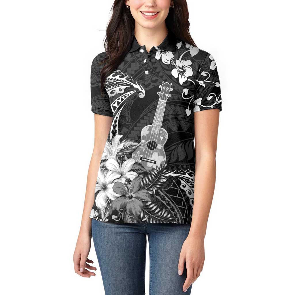 Hawaii Ukulele Women Polo Shirt Polynesian Pattern Mix Hibiscus Black Version LT05 - Polynesian Pride