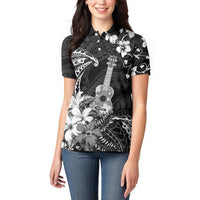 Hawaii Ukulele Women Polo Shirt Polynesian Pattern Mix Hibiscus Black Version LT05 - Polynesian Pride