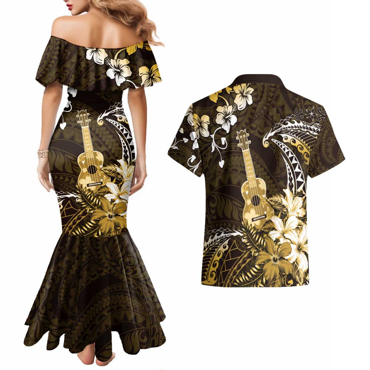 Hawaii Ukulele Couples Matching Mermaid Dress and Hawaiian Shirt Polynesian Pattern Mix Hibiscus Gold Version LT05