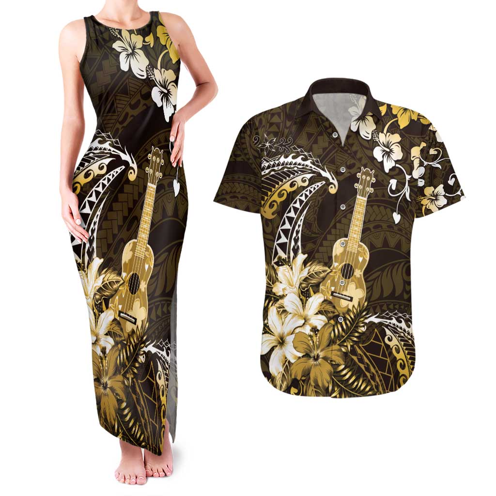 Hawaii Ukulele Couples Matching Tank Maxi Dress and Hawaiian Shirt Polynesian Pattern Mix Hibiscus Gold Version LT05 Gold - Polynesian Pride