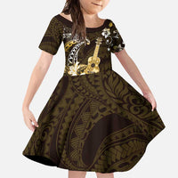 Hawaii Ukulele Family Matching Long Sleeve Bodycon Dress and Hawaiian Shirt Polynesian Pattern Mix Hibiscus Gold Version LT05 Daughter's Dress Gold - Polynesian Pride