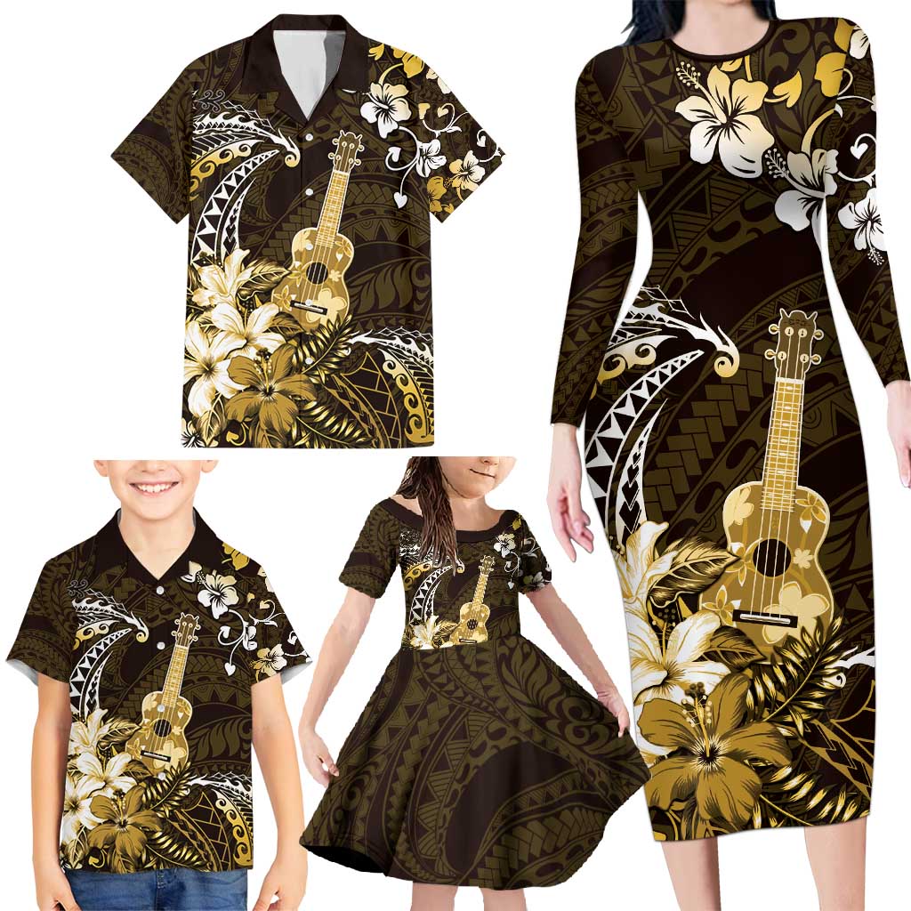 Hawaii Ukulele Family Matching Long Sleeve Bodycon Dress and Hawaiian Shirt Polynesian Pattern Mix Hibiscus Gold Version LT05 - Polynesian Pride