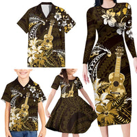 Hawaii Ukulele Family Matching Long Sleeve Bodycon Dress and Hawaiian Shirt Polynesian Pattern Mix Hibiscus Gold Version LT05 - Polynesian Pride