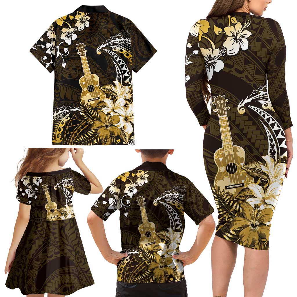 Hawaii Ukulele Family Matching Long Sleeve Bodycon Dress and Hawaiian Shirt Polynesian Pattern Mix Hibiscus Gold Version LT05 - Polynesian Pride