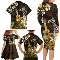 Hawaii Ukulele Family Matching Long Sleeve Bodycon Dress and Hawaiian Shirt Polynesian Pattern Mix Hibiscus Gold Version LT05 - Polynesian Pride