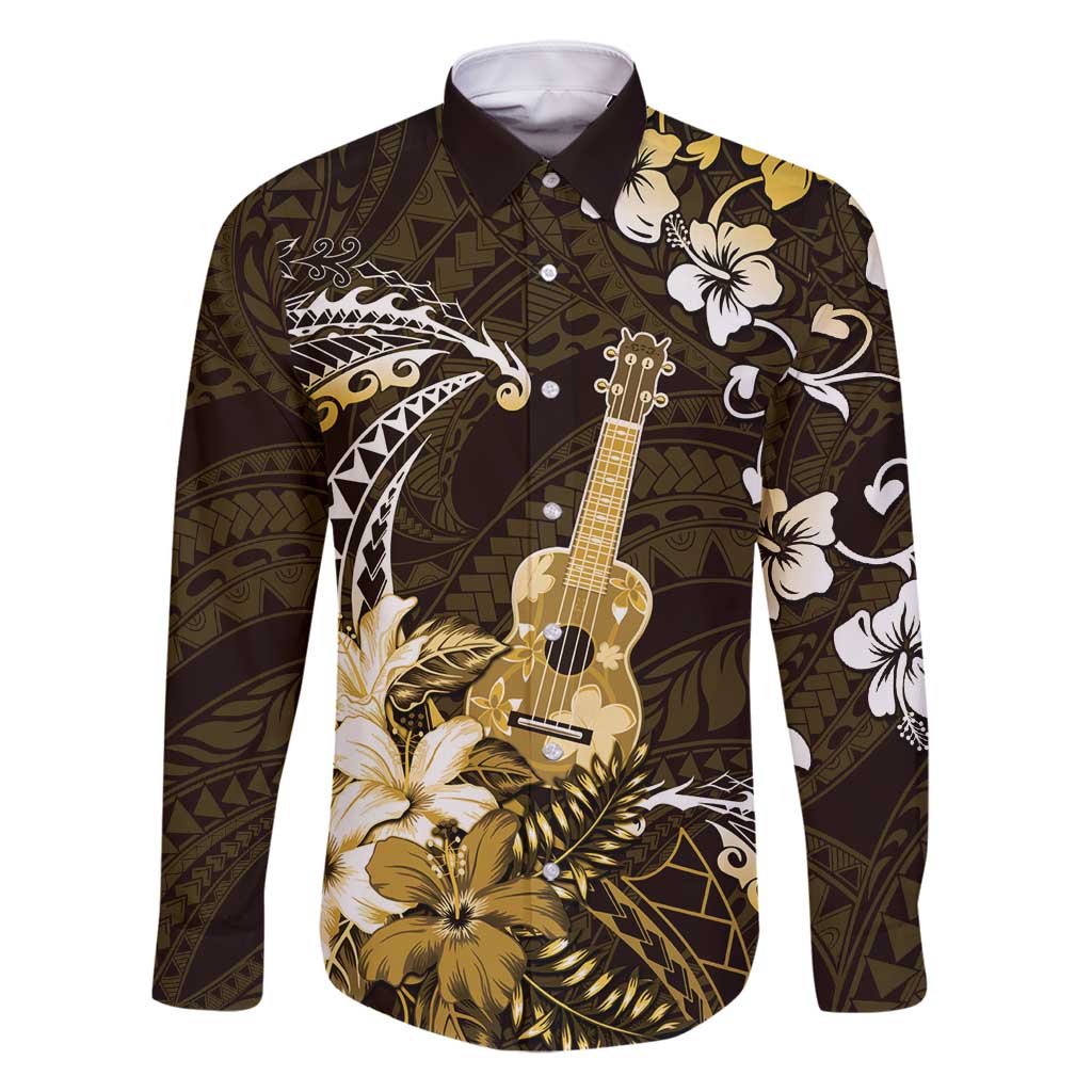 Hawaii Ukulele Family Matching Long Sleeve Bodycon Dress and Hawaiian Shirt Polynesian Pattern Mix Hibiscus Gold Version LT05 Dad's Shirt - Long Sleeve Gold - Polynesian Pride
