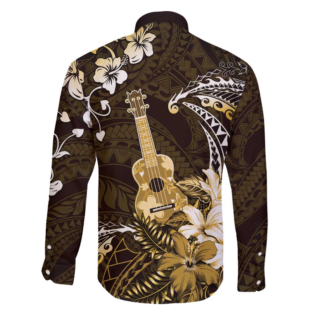 Hawaii Ukulele Family Matching Long Sleeve Bodycon Dress and Hawaiian Shirt Polynesian Pattern Mix Hibiscus Gold Version LT05 - Polynesian Pride