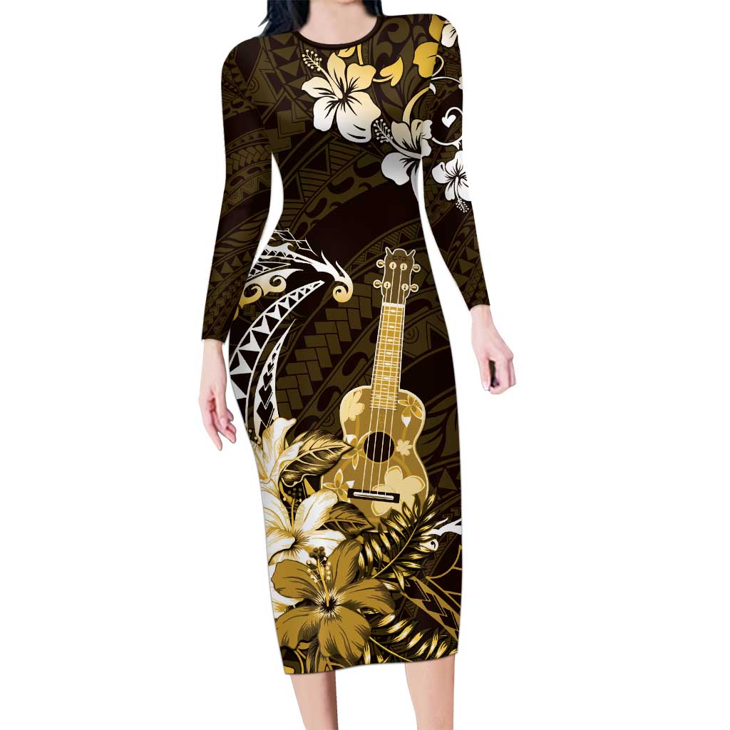 Hawaii Ukulele Family Matching Long Sleeve Bodycon Dress and Hawaiian Shirt Polynesian Pattern Mix Hibiscus Gold Version LT05 Mom's Dress Gold - Polynesian Pride