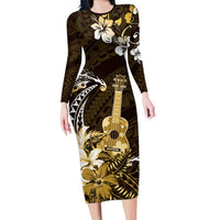 Hawaii Ukulele Family Matching Long Sleeve Bodycon Dress and Hawaiian Shirt Polynesian Pattern Mix Hibiscus Gold Version LT05 Mom's Dress Gold - Polynesian Pride