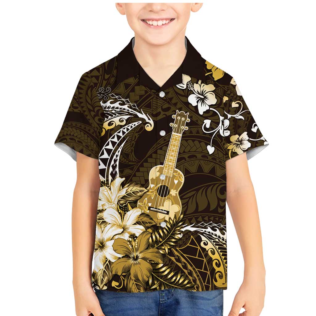 Hawaii Ukulele Family Matching Mermaid Dress and Hawaiian Shirt Polynesian Pattern Mix Hibiscus Gold Version LT05 Son's Shirt Gold - Polynesian Pride