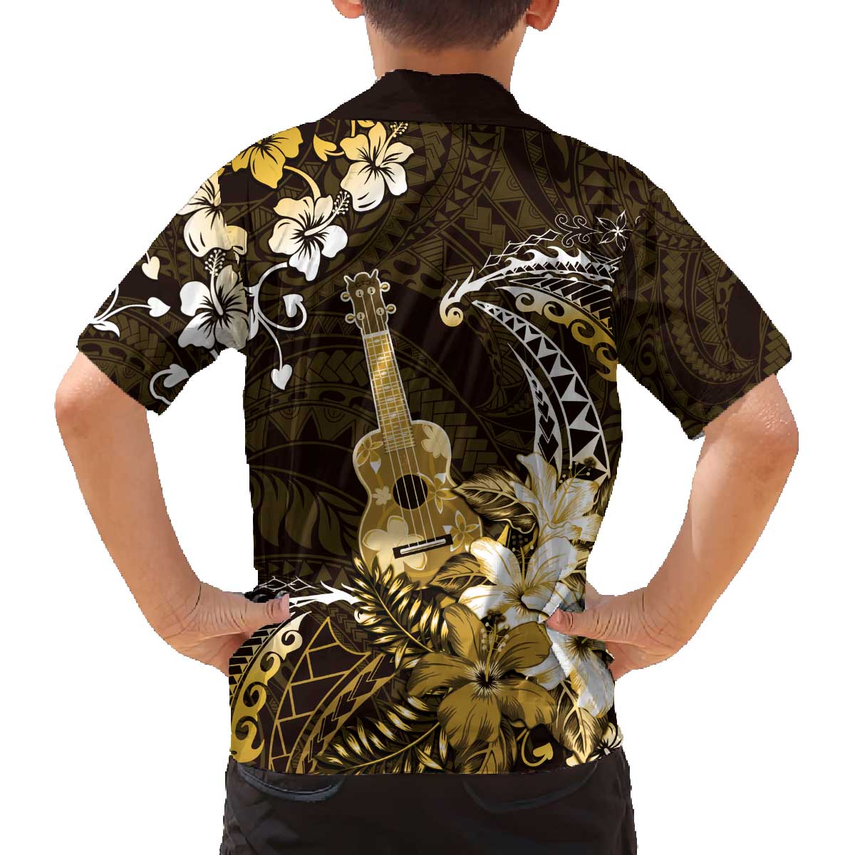 Hawaii Ukulele Family Matching Off The Shoulder Long Sleeve Dress and Hawaiian Shirt Polynesian Pattern Mix Hibiscus Gold Version LT05 - Polynesian Pride