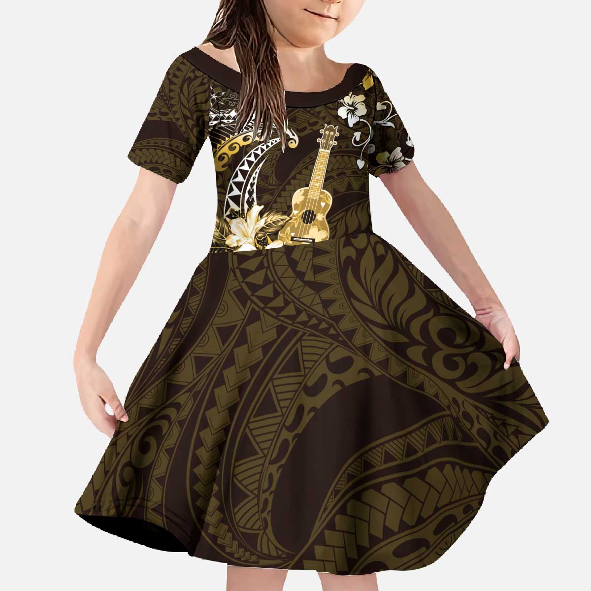 Hawaii Ukulele Family Matching Off The Shoulder Long Sleeve Dress and Hawaiian Shirt Polynesian Pattern Mix Hibiscus Gold Version LT05 Daughter's Dress Gold - Polynesian Pride