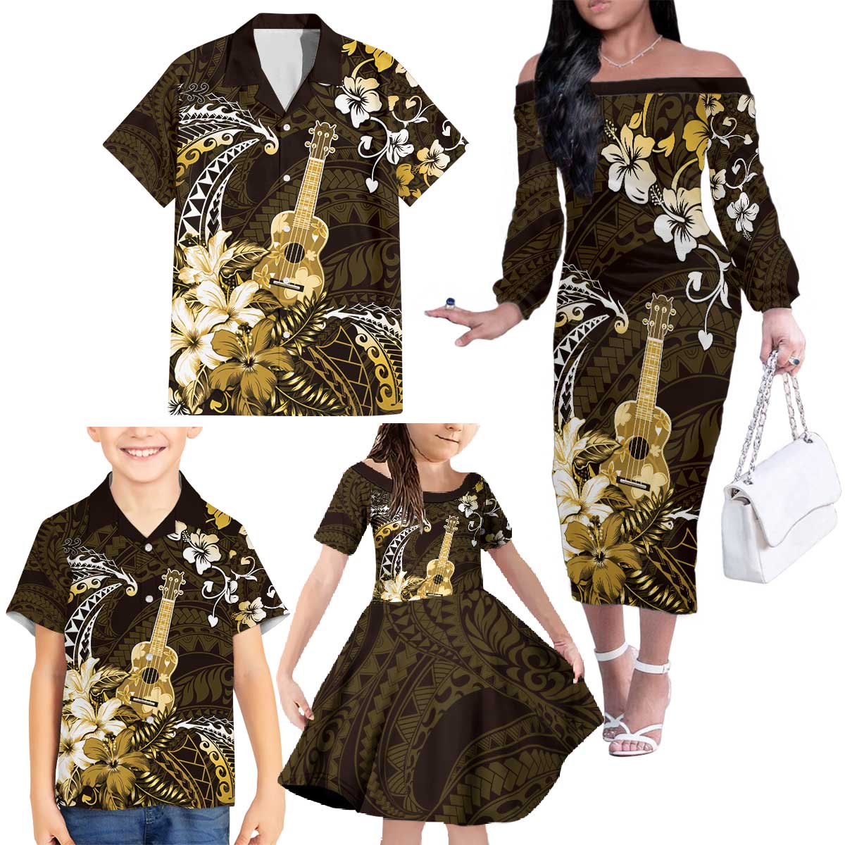 Hawaii Ukulele Family Matching Off The Shoulder Long Sleeve Dress and Hawaiian Shirt Polynesian Pattern Mix Hibiscus Gold Version LT05 - Polynesian Pride