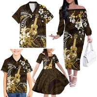 Hawaii Ukulele Family Matching Off The Shoulder Long Sleeve Dress and Hawaiian Shirt Polynesian Pattern Mix Hibiscus Gold Version LT05 - Polynesian Pride