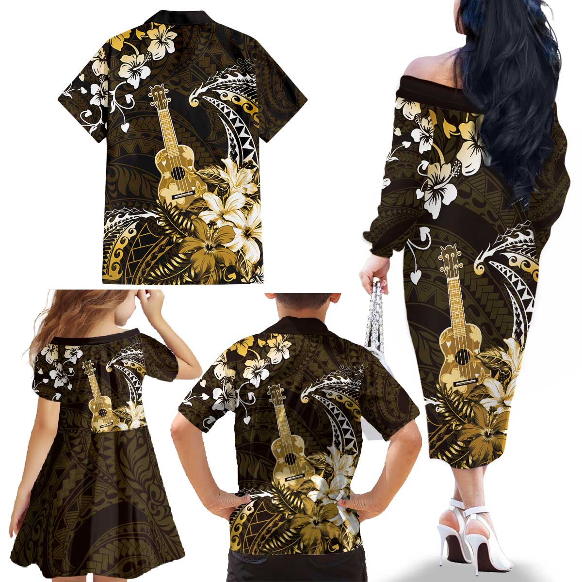 Hawaii Ukulele Family Matching Off The Shoulder Long Sleeve Dress and Hawaiian Shirt Polynesian Pattern Mix Hibiscus Gold Version LT05 - Polynesian Pride