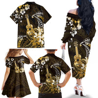 Hawaii Ukulele Family Matching Off The Shoulder Long Sleeve Dress and Hawaiian Shirt Polynesian Pattern Mix Hibiscus Gold Version LT05 - Polynesian Pride