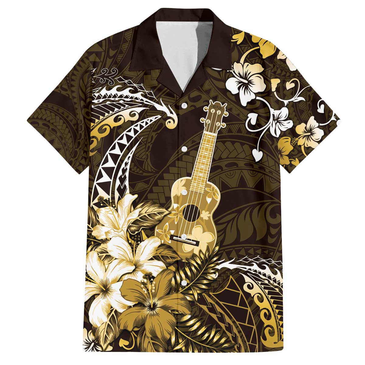 Hawaii Ukulele Family Matching Off The Shoulder Long Sleeve Dress and Hawaiian Shirt Polynesian Pattern Mix Hibiscus Gold Version LT05 Dad's Shirt - Short Sleeve Gold - Polynesian Pride