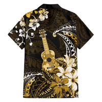 Hawaii Ukulele Family Matching Off The Shoulder Long Sleeve Dress and Hawaiian Shirt Polynesian Pattern Mix Hibiscus Gold Version LT05 - Polynesian Pride