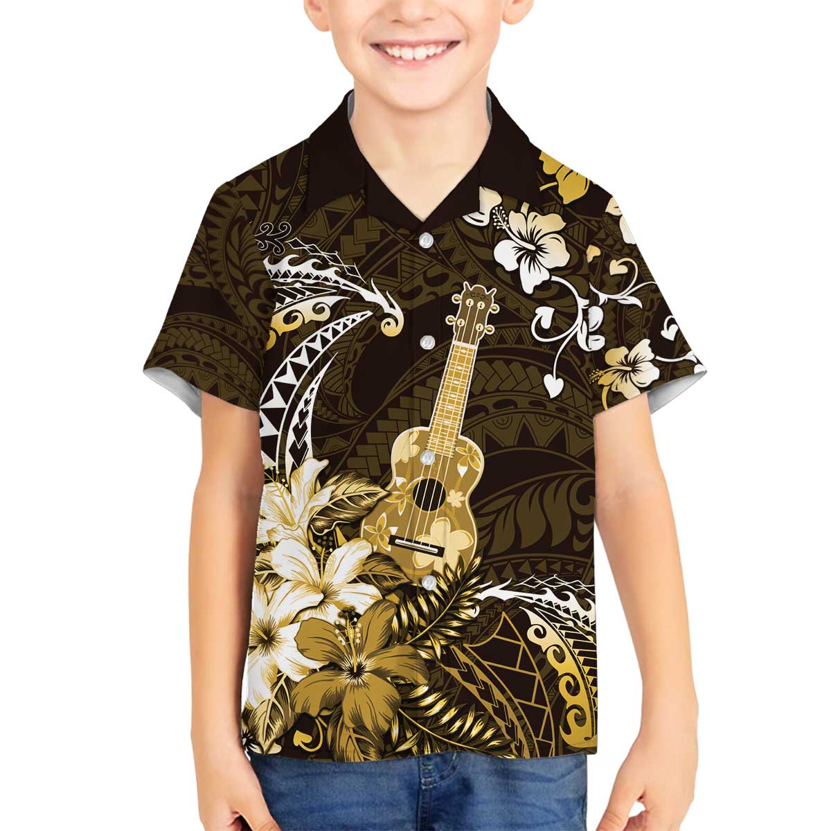Hawaii Ukulele Family Matching Off The Shoulder Long Sleeve Dress and Hawaiian Shirt Polynesian Pattern Mix Hibiscus Gold Version LT05 Son's Shirt Gold - Polynesian Pride