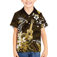 Hawaii Ukulele Family Matching Off The Shoulder Long Sleeve Dress and Hawaiian Shirt Polynesian Pattern Mix Hibiscus Gold Version LT05 Son's Shirt Gold - Polynesian Pride