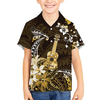 Hawaii Ukulele Family Matching Off Shoulder Maxi Dress and Hawaiian Shirt Polynesian Pattern Mix Hibiscus Gold Version LT05