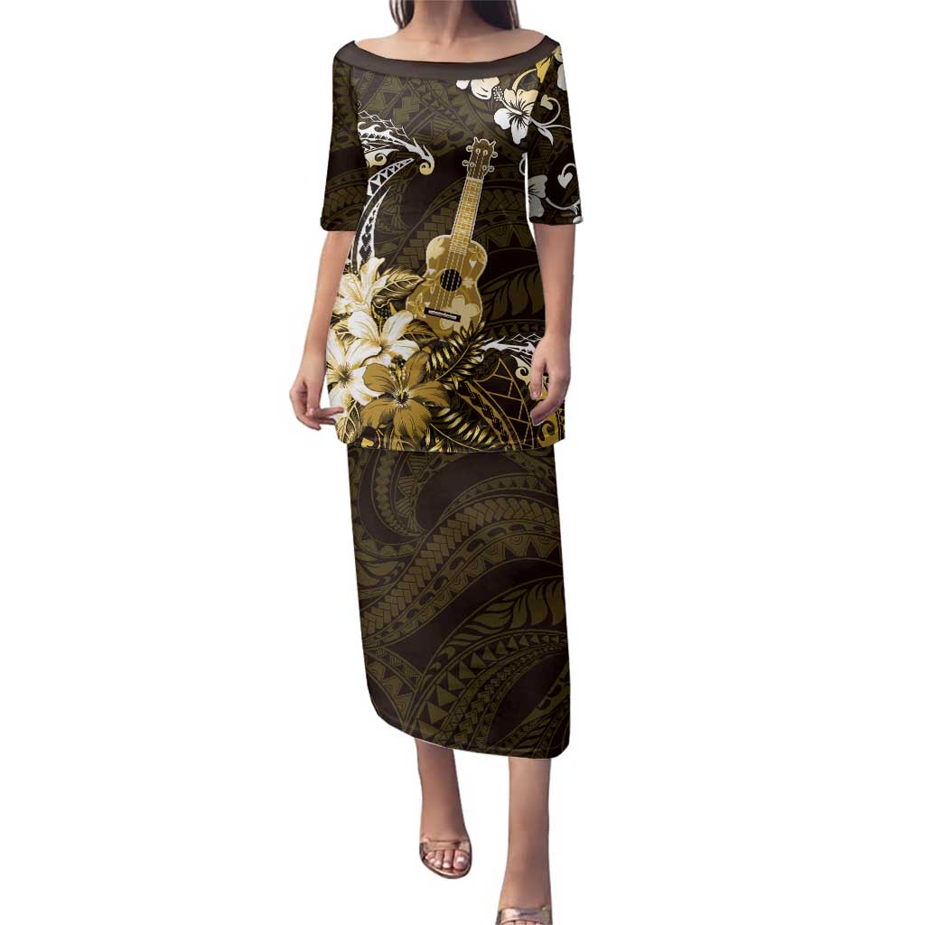 Hawaii Ukulele Family Matching Puletasi and Hawaiian Shirt Polynesian Pattern Mix Hibiscus Gold Version LT05