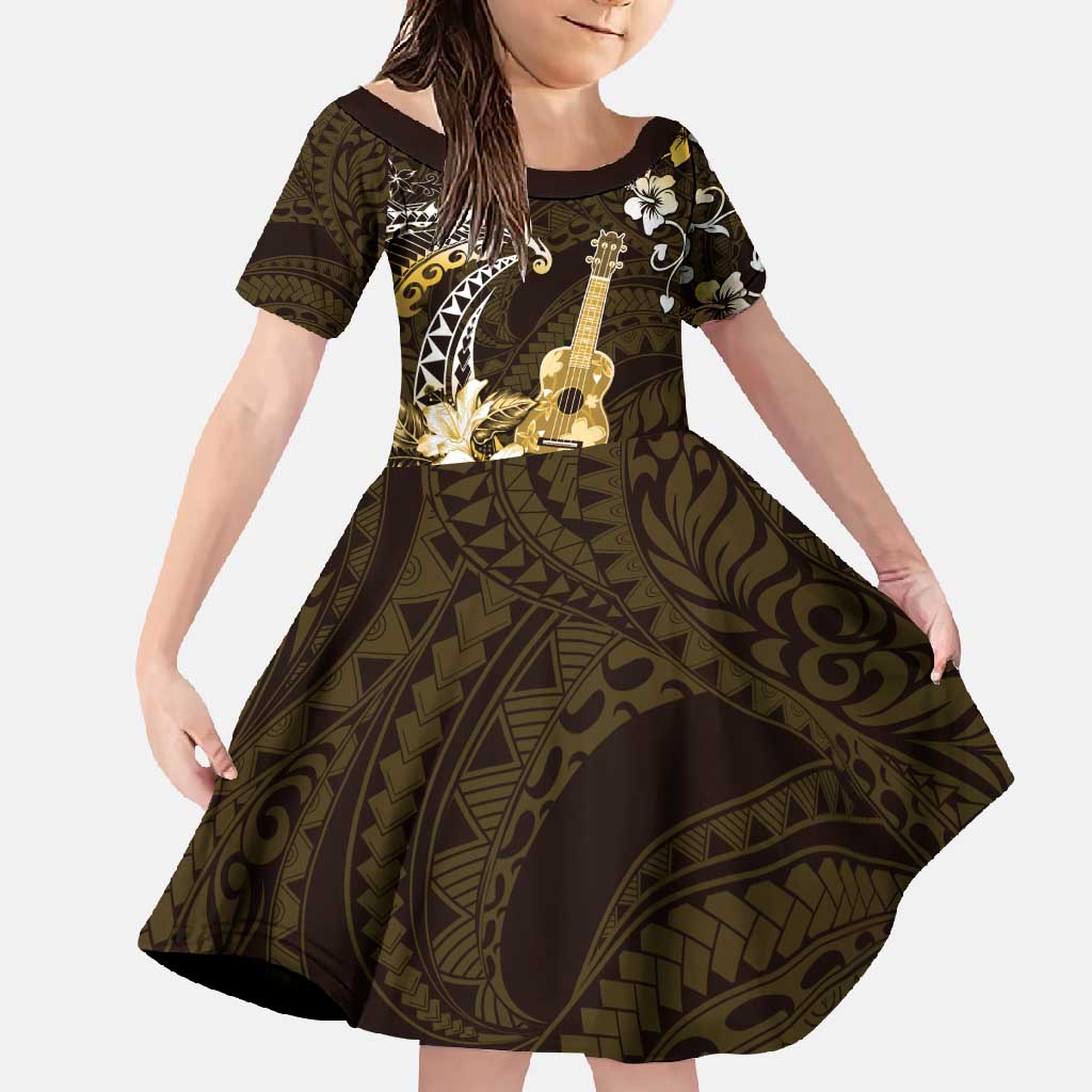 Hawaii Ukulele Family Matching Short Sleeve Bodycon Dress and Hawaiian Shirt Polynesian Pattern Mix Hibiscus Gold Version LT05 Daughter's Dress Gold - Polynesian Pride
