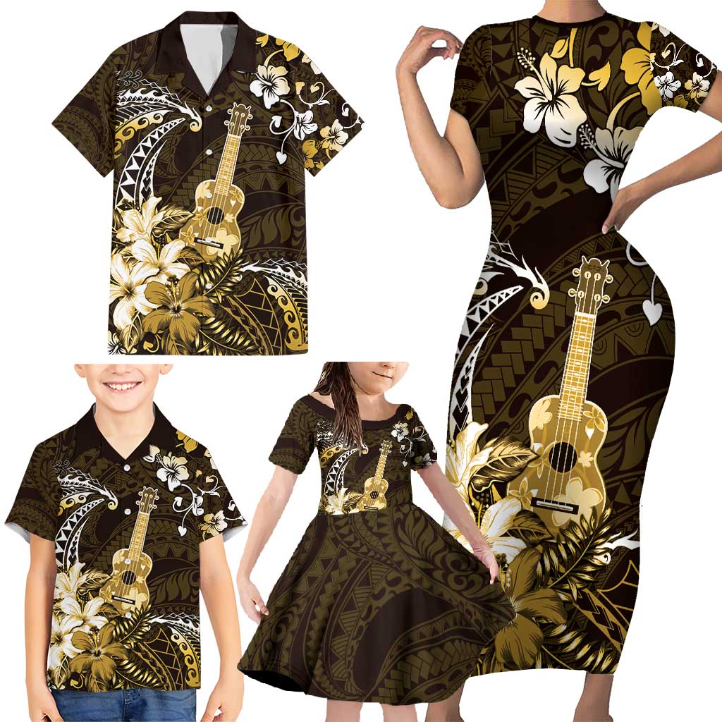 Hawaii Ukulele Family Matching Short Sleeve Bodycon Dress and Hawaiian Shirt Polynesian Pattern Mix Hibiscus Gold Version LT05 - Polynesian Pride