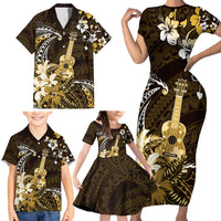 Hawaii Ukulele Family Matching Short Sleeve Bodycon Dress and Hawaiian Shirt Polynesian Pattern Mix Hibiscus Gold Version LT05 - Polynesian Pride