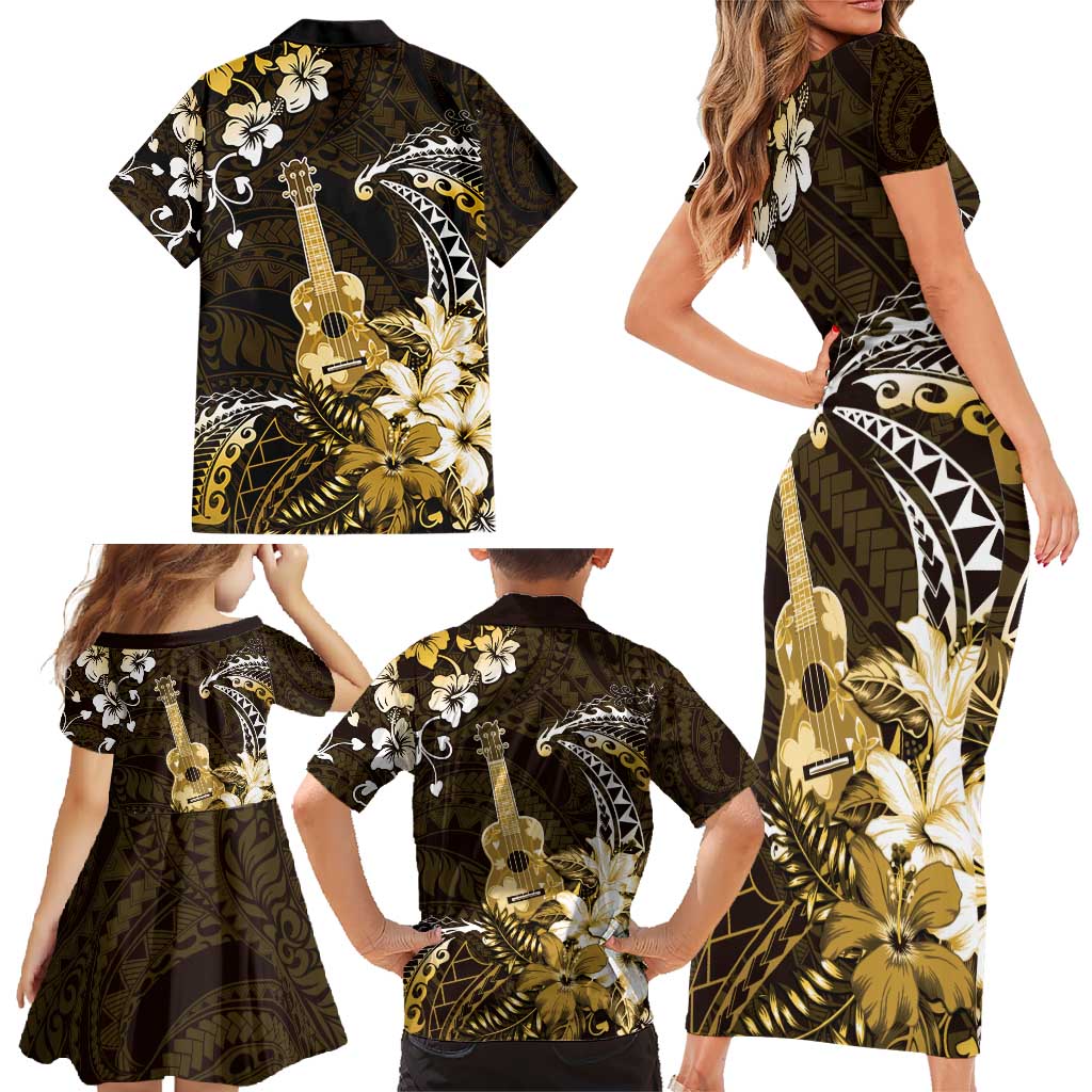 Hawaii Ukulele Family Matching Short Sleeve Bodycon Dress and Hawaiian Shirt Polynesian Pattern Mix Hibiscus Gold Version LT05 - Polynesian Pride