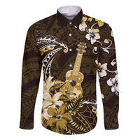 Hawaii Ukulele Family Matching Short Sleeve Bodycon Dress and Hawaiian Shirt Polynesian Pattern Mix Hibiscus Gold Version LT05 Dad's Shirt - Long Sleeve Gold - Polynesian Pride