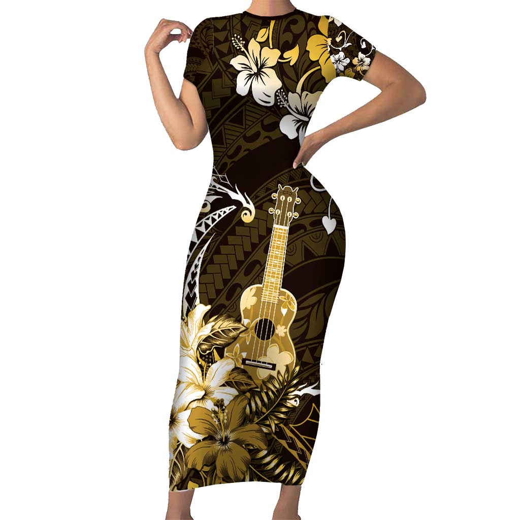Hawaii Ukulele Family Matching Short Sleeve Bodycon Dress and Hawaiian Shirt Polynesian Pattern Mix Hibiscus Gold Version LT05 Mom's Dress Gold - Polynesian Pride