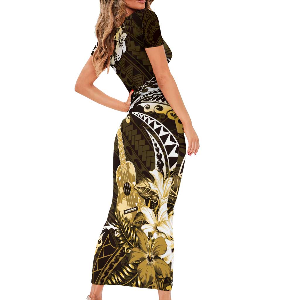 Hawaii Ukulele Family Matching Short Sleeve Bodycon Dress and Hawaiian Shirt Polynesian Pattern Mix Hibiscus Gold Version LT05 - Polynesian Pride