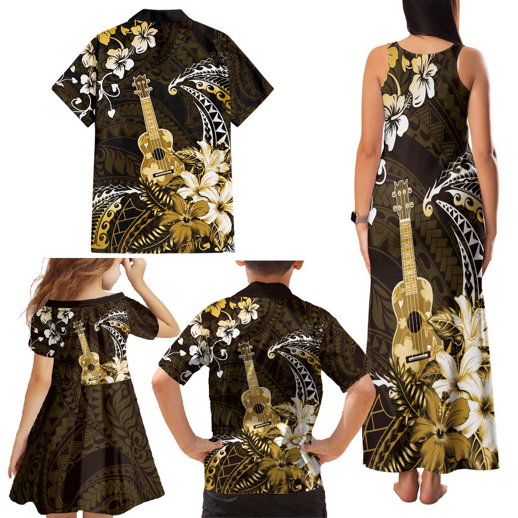 Hawaii Ukulele Family Matching Tank Maxi Dress and Hawaiian Shirt Polynesian Pattern Mix Hibiscus Gold Version LT05 - Polynesian Pride