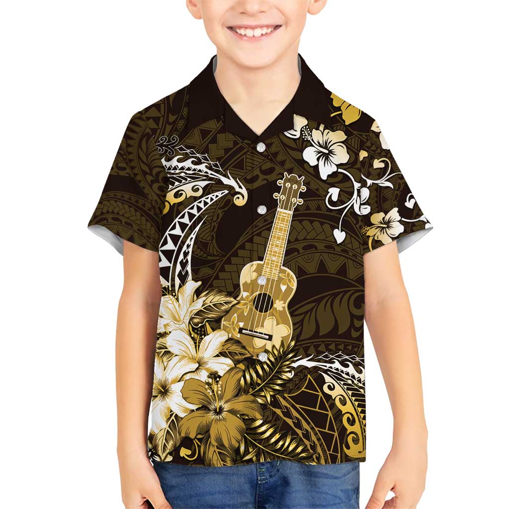 Hawaii Ukulele Family Matching Tank Maxi Dress and Hawaiian Shirt Polynesian Pattern Mix Hibiscus Gold Version LT05 Son's Shirt Gold - Polynesian Pride