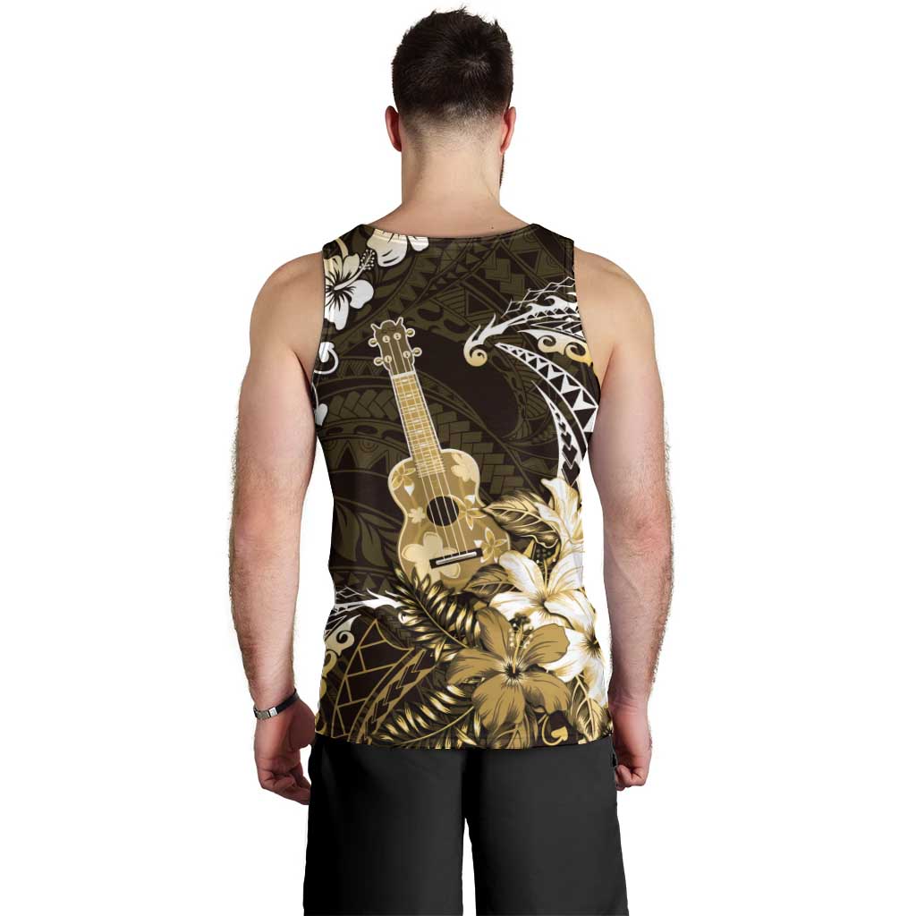 Hawaii Ukulele Men Tank Top Polynesian Pattern Mix Hibiscus Gold Version LT05