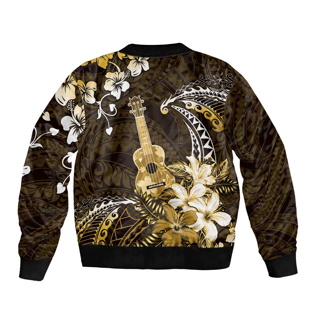 Hawaii Ukulele Sleeve Zip Bomber Jacket Polynesian Pattern Mix Hibiscus Gold Version LT05