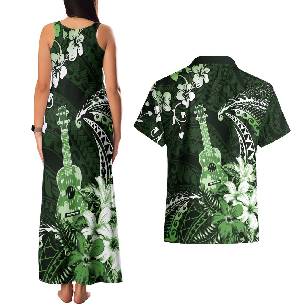 Hawaii Ukulele Couples Matching Tank Maxi Dress and Hawaiian Shirt Polynesian Pattern Mix Hibiscus Green Version LT05 - Polynesian Pride