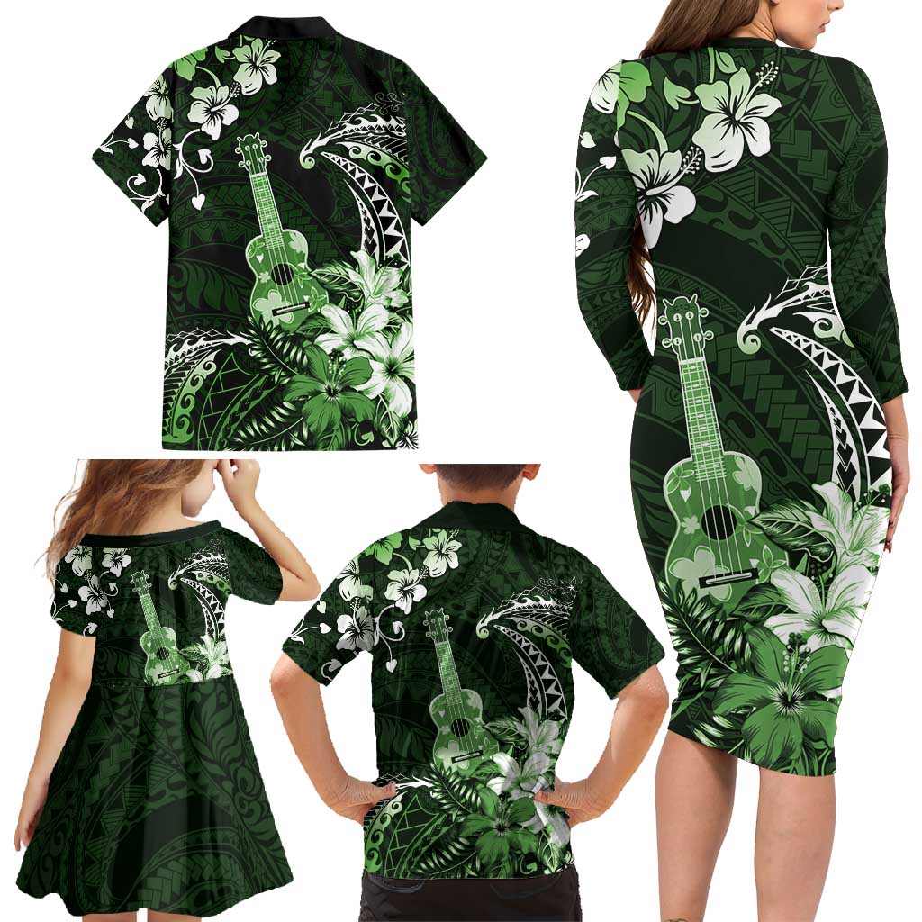 Hawaii Ukulele Family Matching Long Sleeve Bodycon Dress and Hawaiian Shirt Polynesian Pattern Mix Hibiscus Green Version LT05 - Polynesian Pride