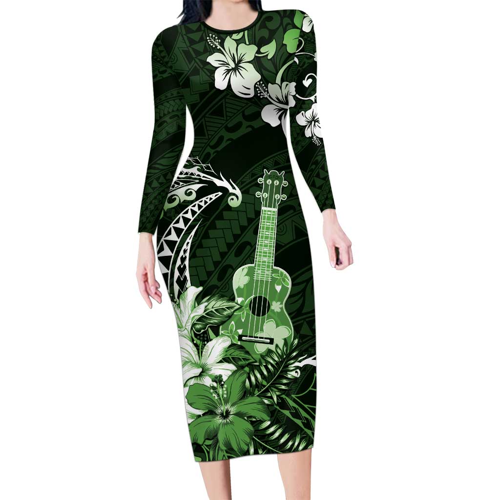 Hawaii Ukulele Family Matching Long Sleeve Bodycon Dress and Hawaiian Shirt Polynesian Pattern Mix Hibiscus Green Version LT05 Mom's Dress Green - Polynesian Pride