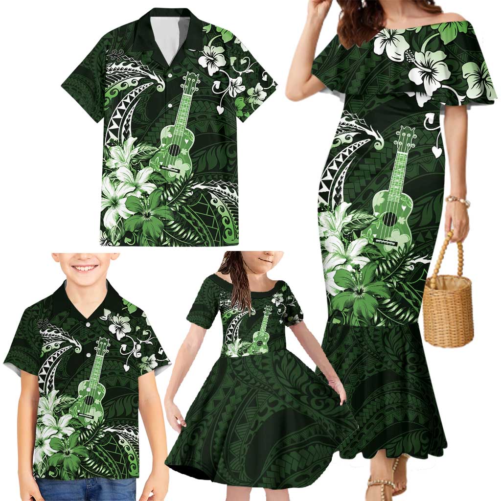 Hawaii Ukulele Family Matching Mermaid Dress and Hawaiian Shirt Polynesian Pattern Mix Hibiscus Green Version LT05 - Polynesian Pride