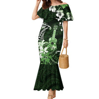 Hawaii Ukulele Family Matching Mermaid Dress and Hawaiian Shirt Polynesian Pattern Mix Hibiscus Green Version LT05 Mom's Dress Green - Polynesian Pride