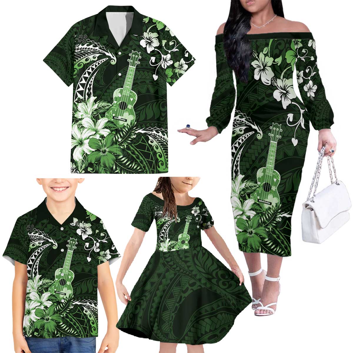 Hawaii Ukulele Family Matching Off The Shoulder Long Sleeve Dress and Hawaiian Shirt Polynesian Pattern Mix Hibiscus Green Version LT05 - Polynesian Pride