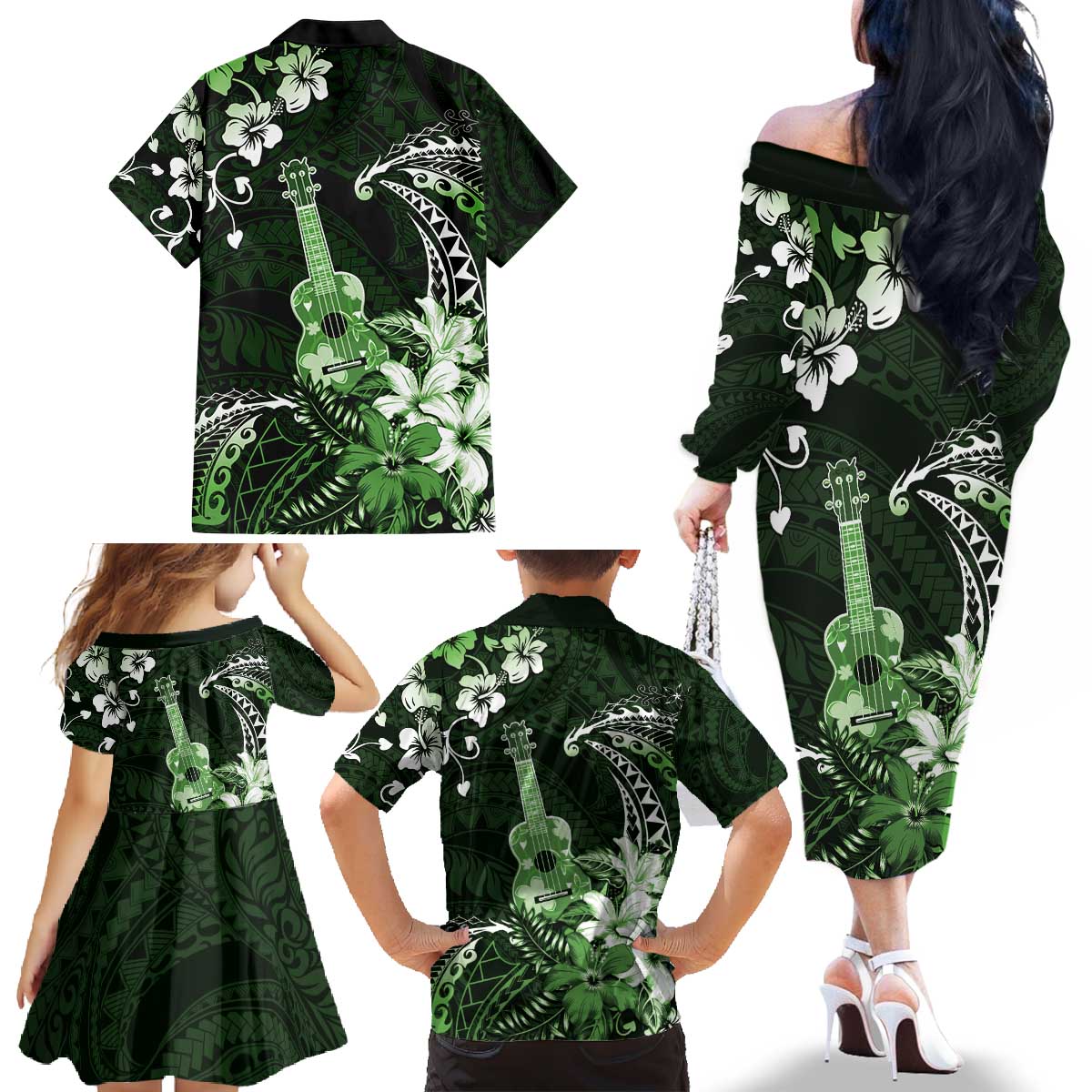 Hawaii Ukulele Family Matching Off The Shoulder Long Sleeve Dress and Hawaiian Shirt Polynesian Pattern Mix Hibiscus Green Version LT05 - Polynesian Pride