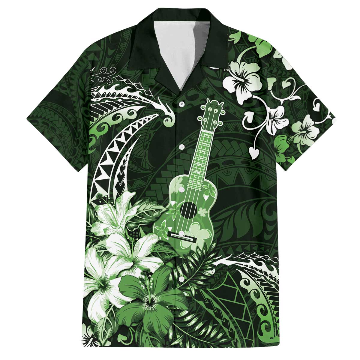 Hawaii Ukulele Family Matching Off The Shoulder Long Sleeve Dress and Hawaiian Shirt Polynesian Pattern Mix Hibiscus Green Version LT05 Dad's Shirt - Short Sleeve Green - Polynesian Pride